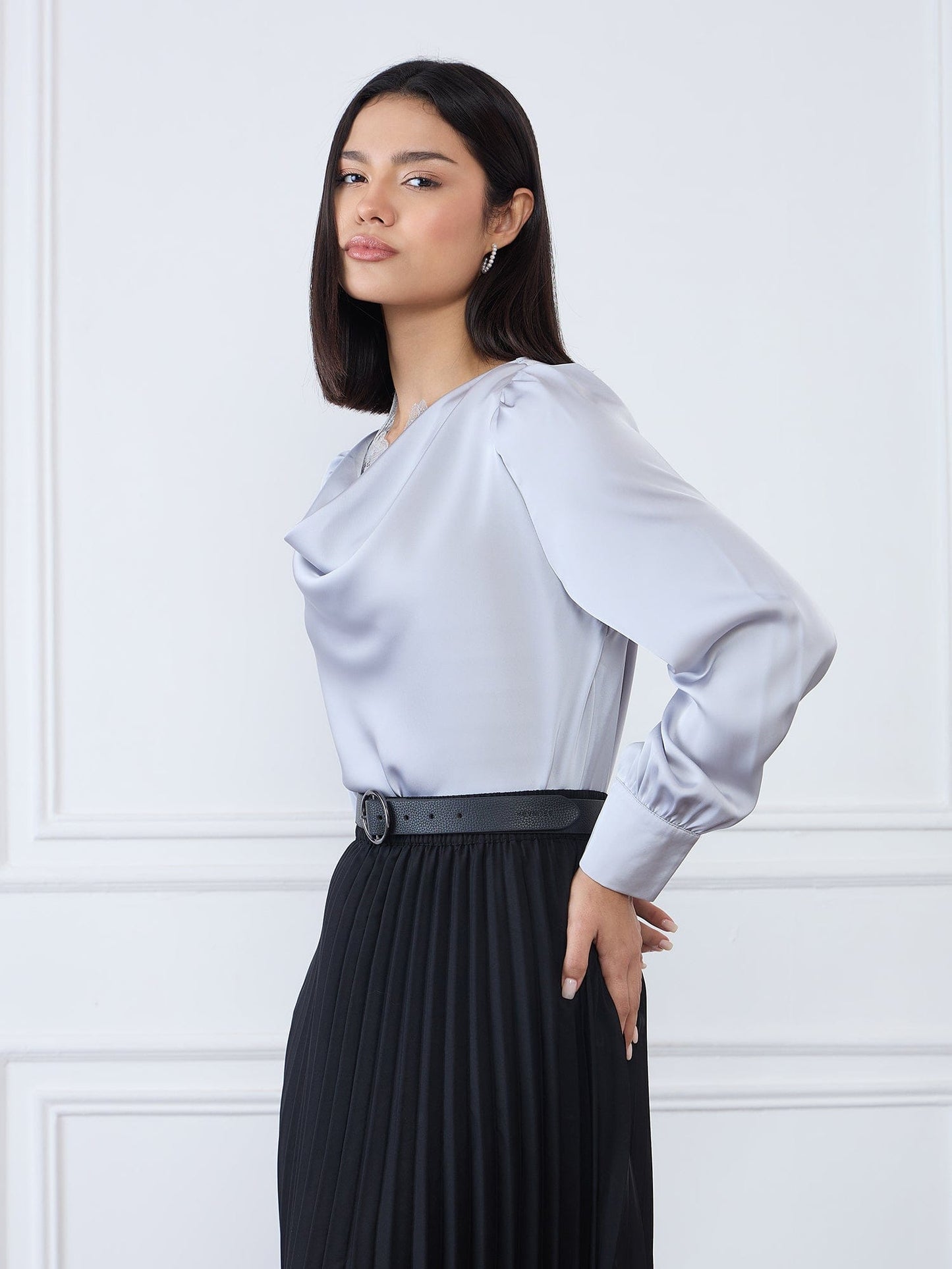 Iconic Women Grey Solid Cowl Neck Top