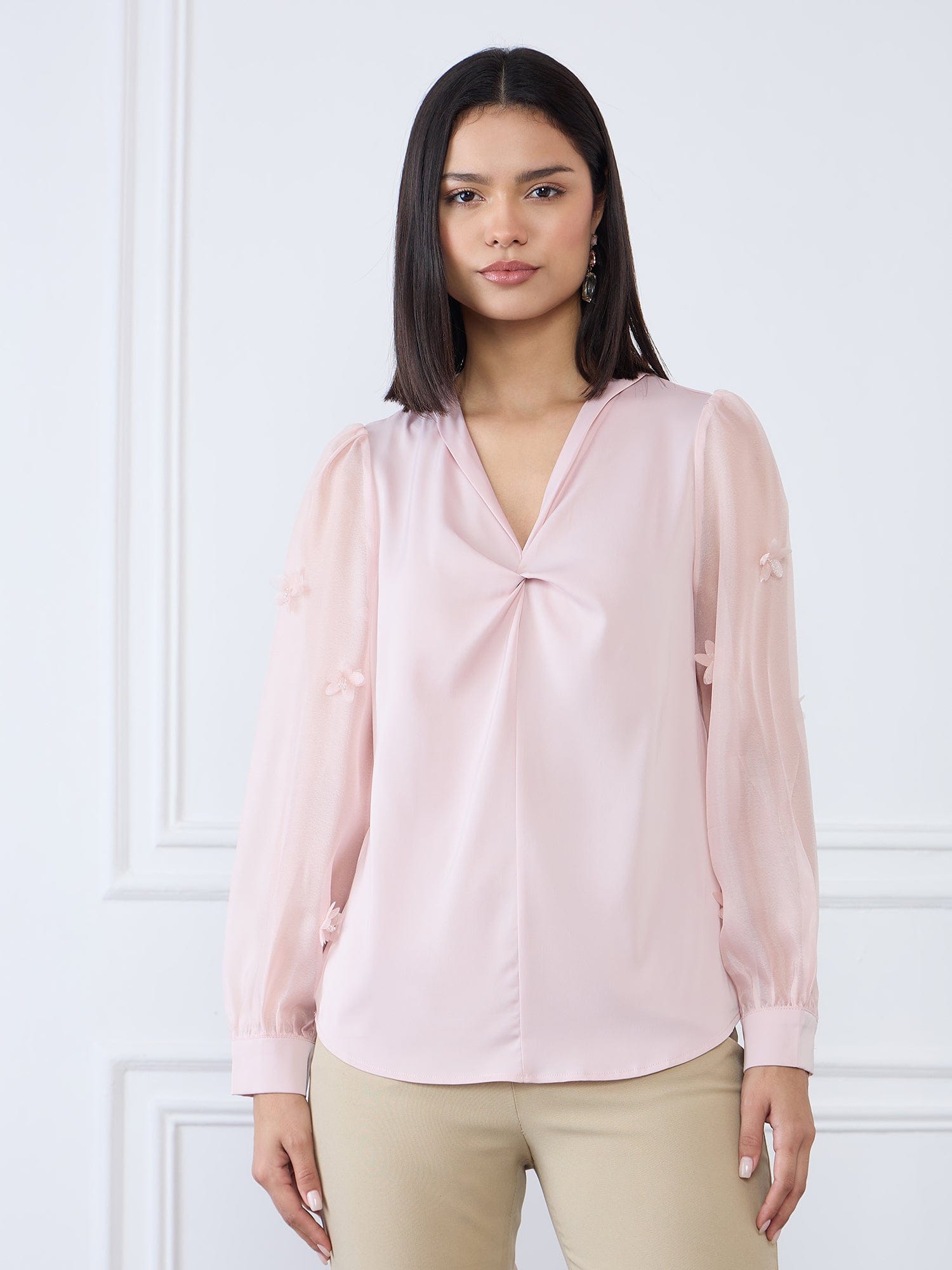 Iconic Women Pink Solid V Neck Top