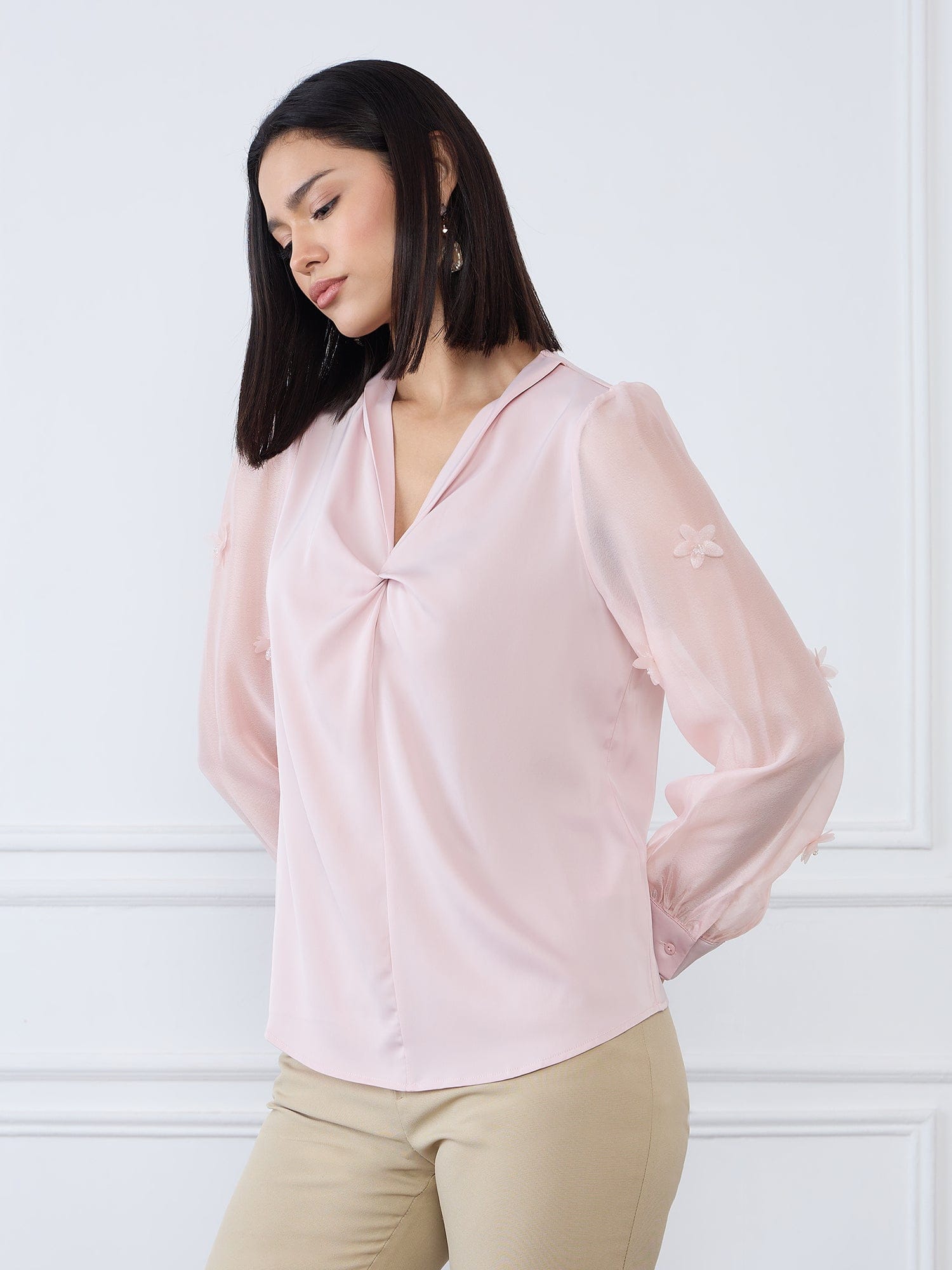 Iconic Women Pink Solid V Neck Top