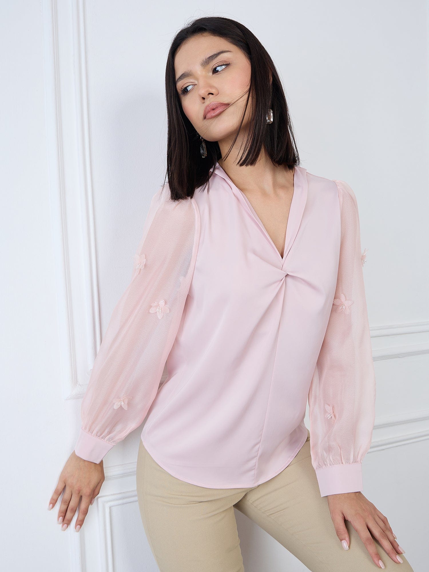 Iconic Women Pink Solid V Neck Top