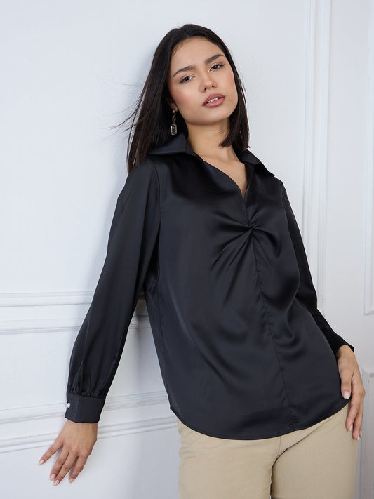 Iconic Women Black Solid Collar Top