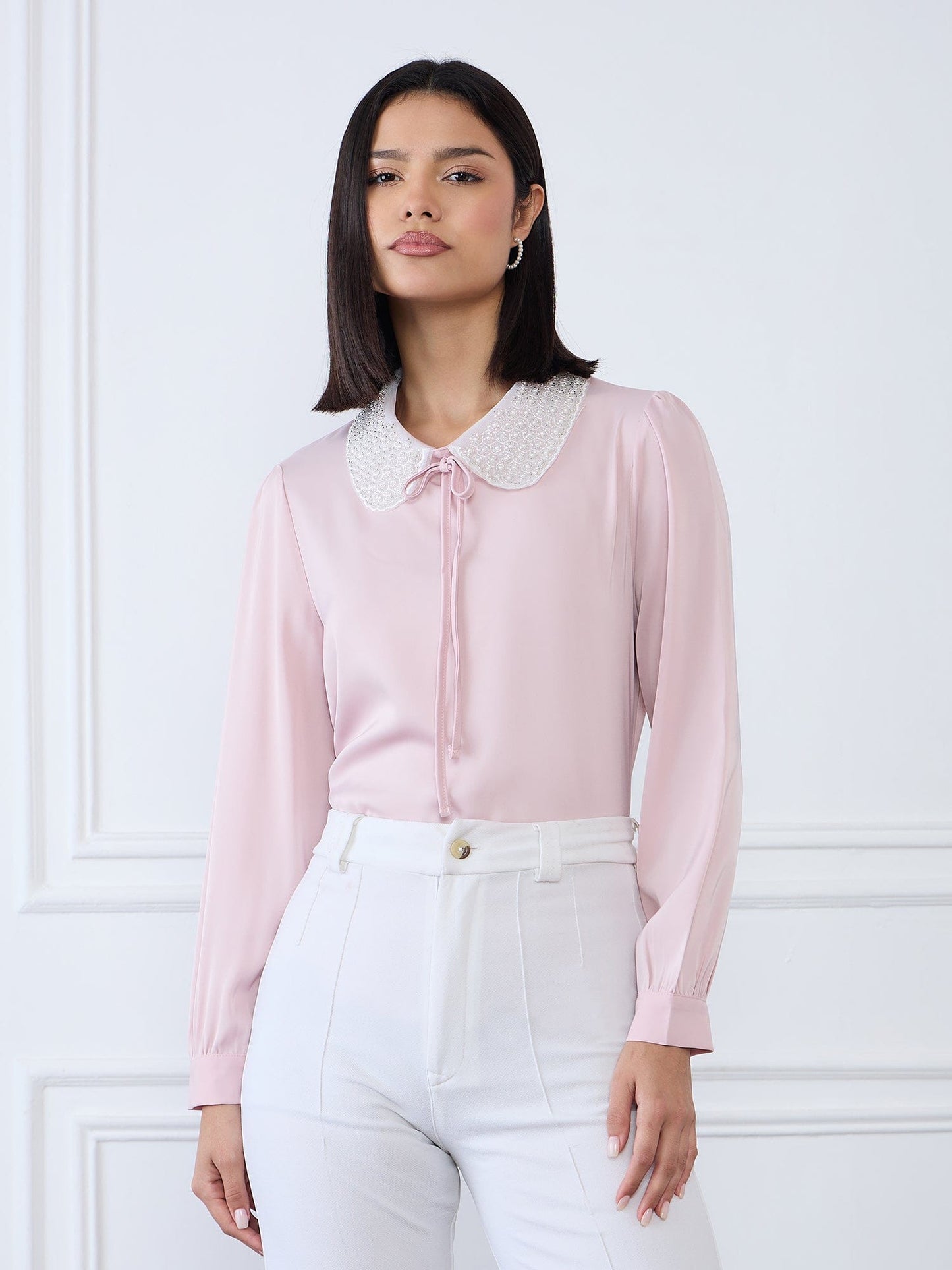 Iconic Women Pink Solid Collar Top