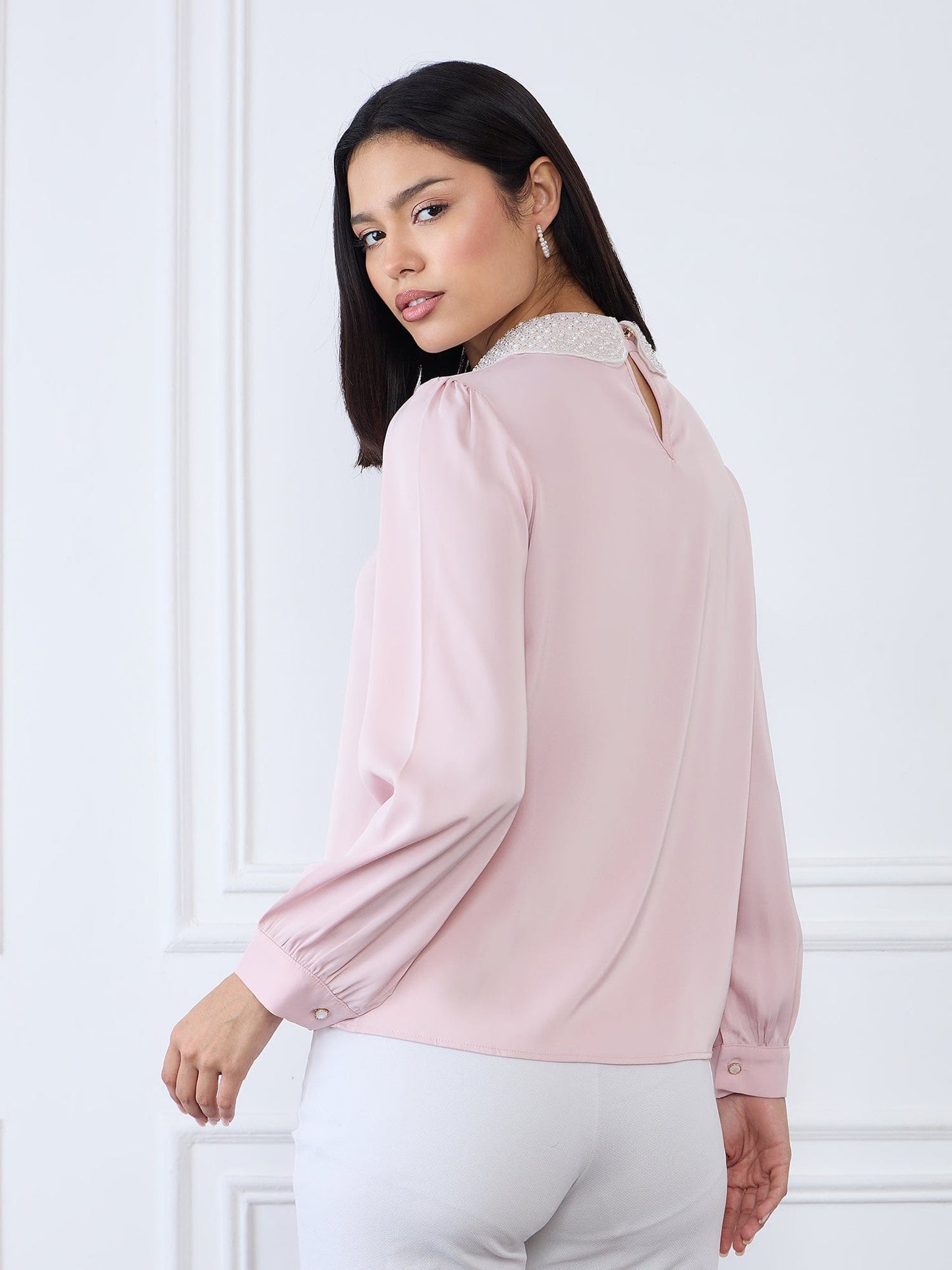 Iconic Women Pink Solid Collar Top