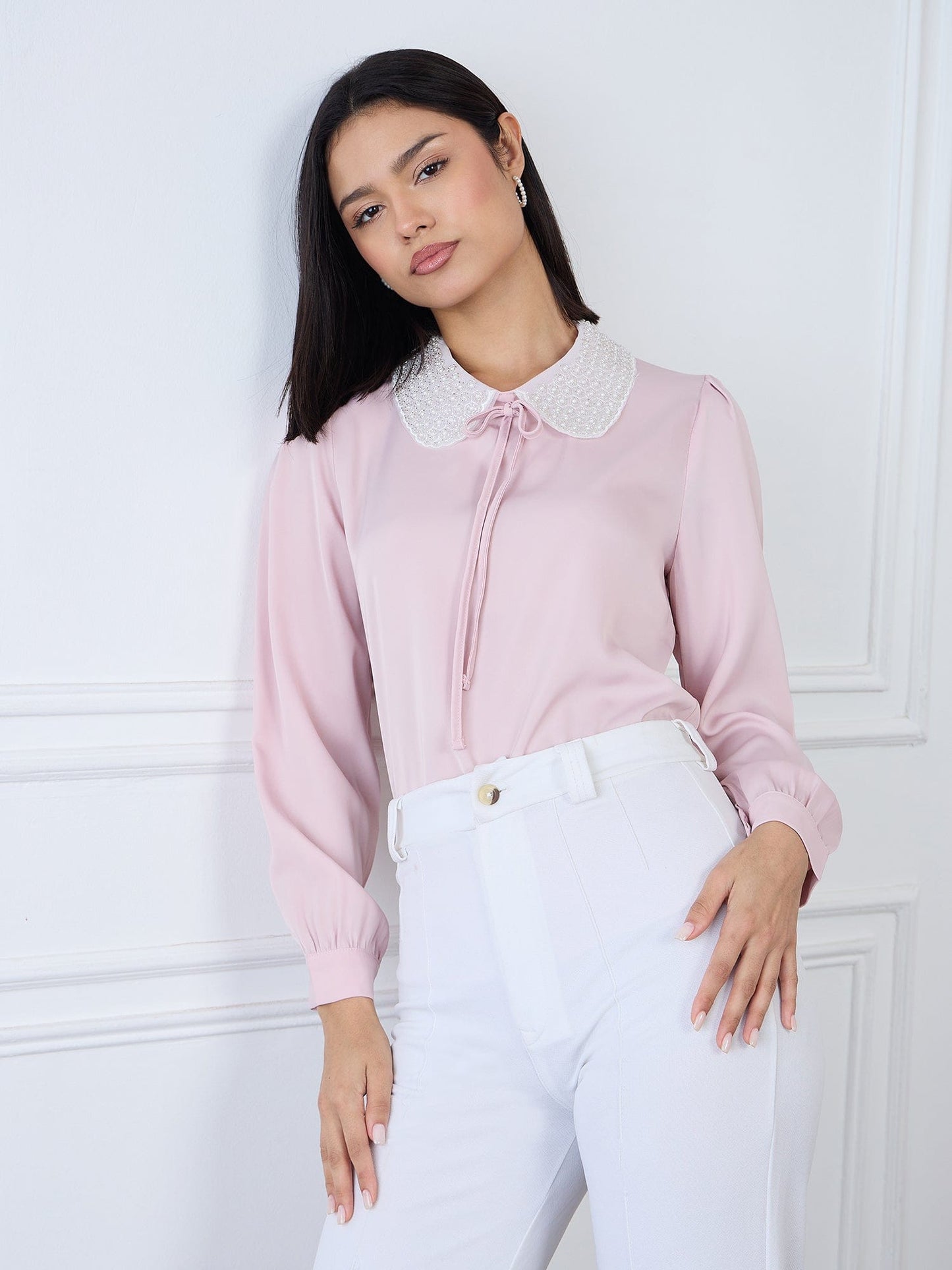 Iconic Women Pink Solid Collar Top