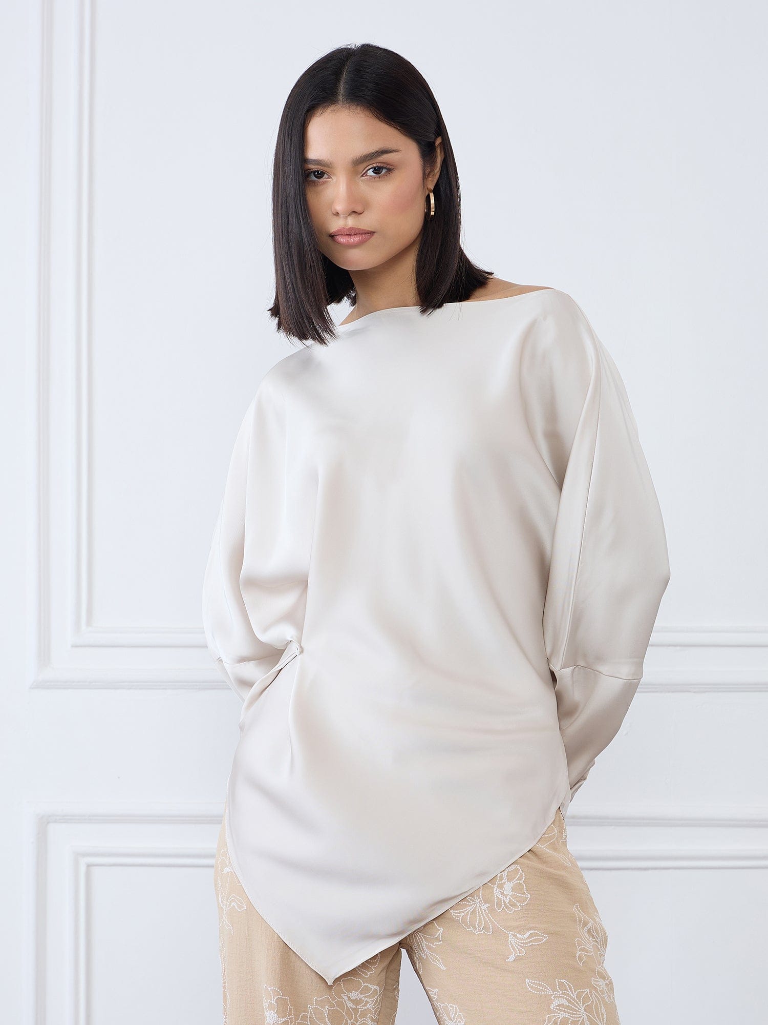 Iconic Women Beige Solid Boat Neck Top