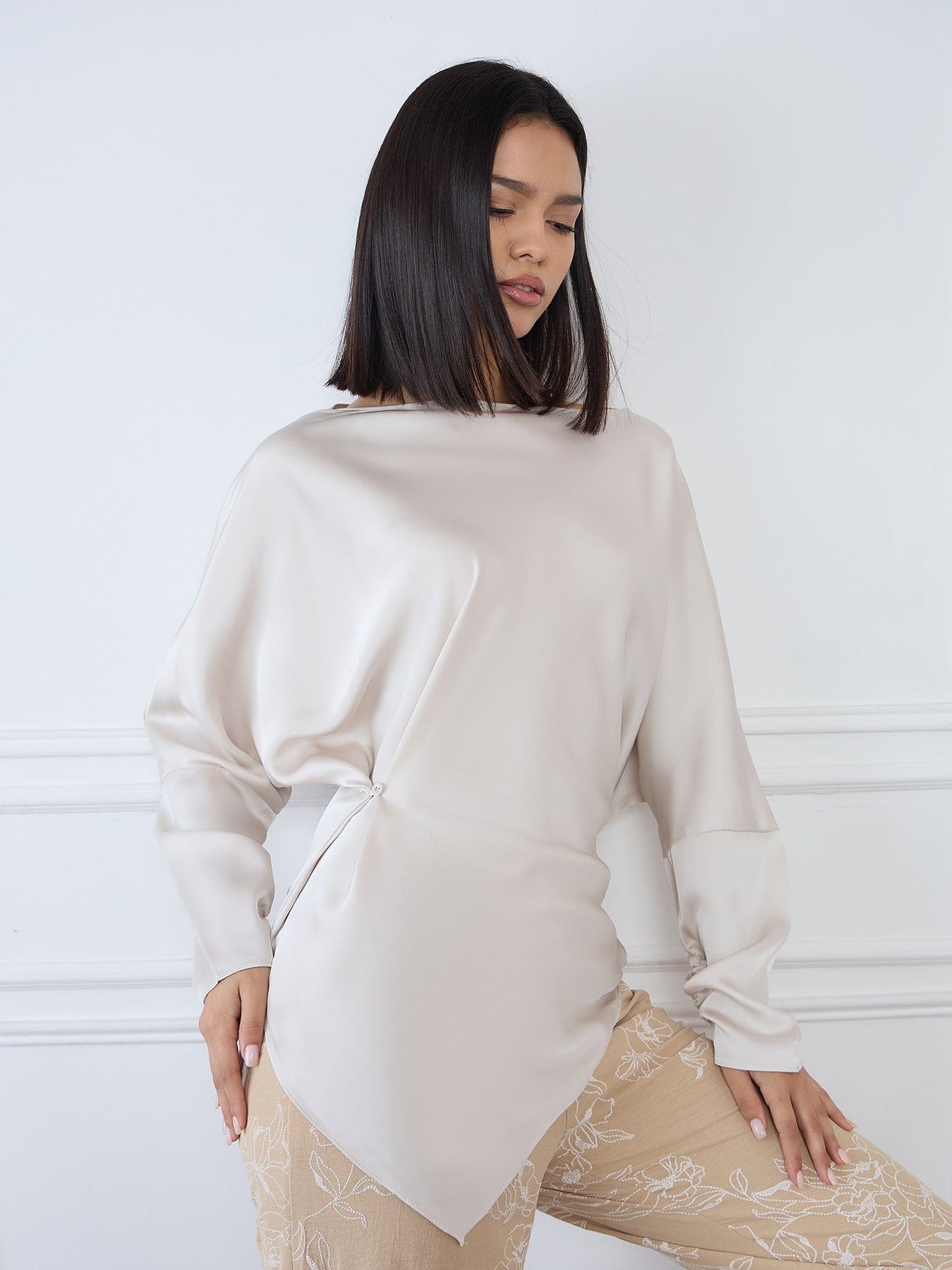 Iconic Women Beige Solid Boat Neck Top