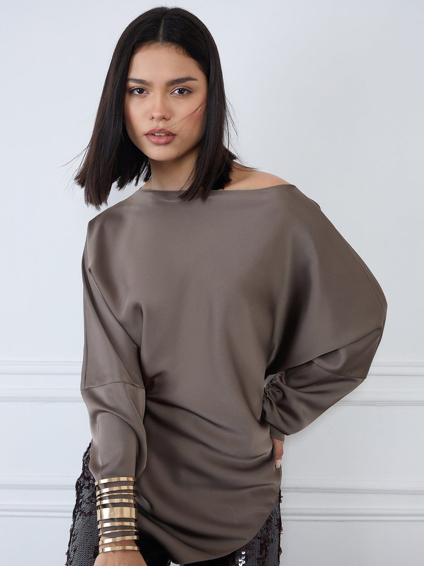Iconic Women Grey Solid Boat Neck Top