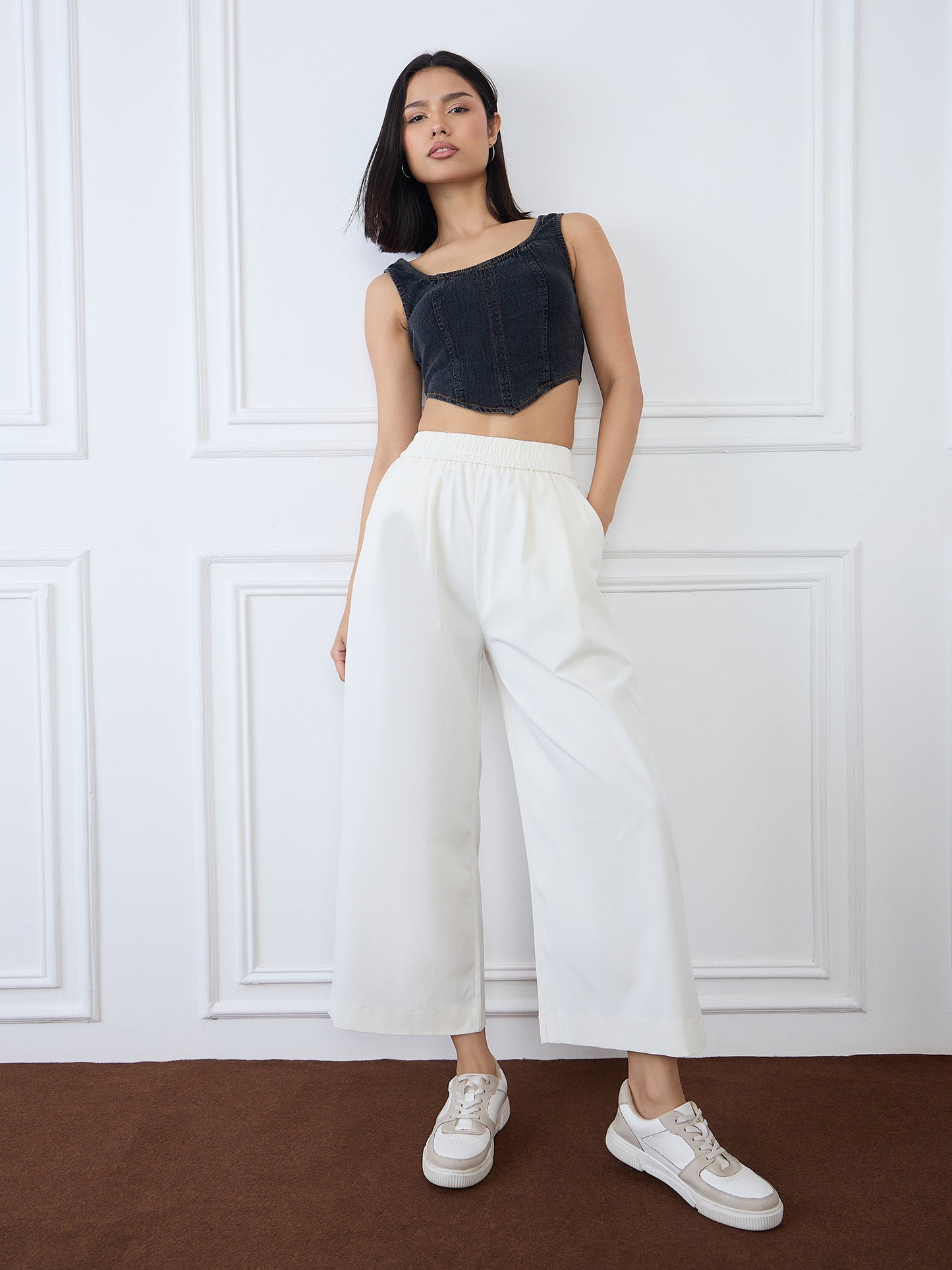 Iconic Women Beige Flared Solid Cargo Trouser