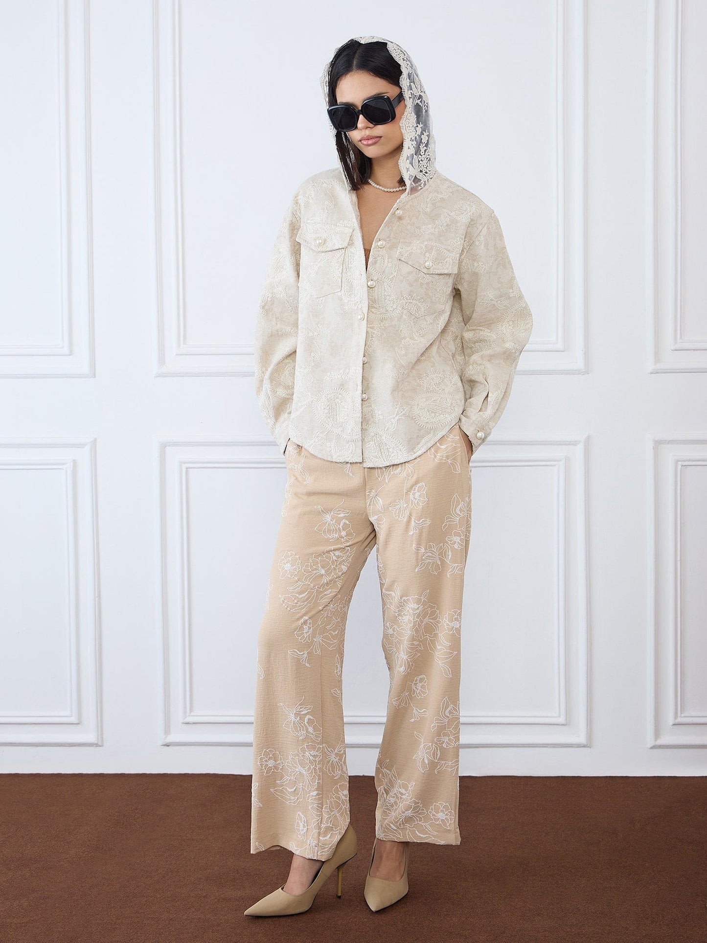 Iconic Women Beige Embroidered Hooded Jacket