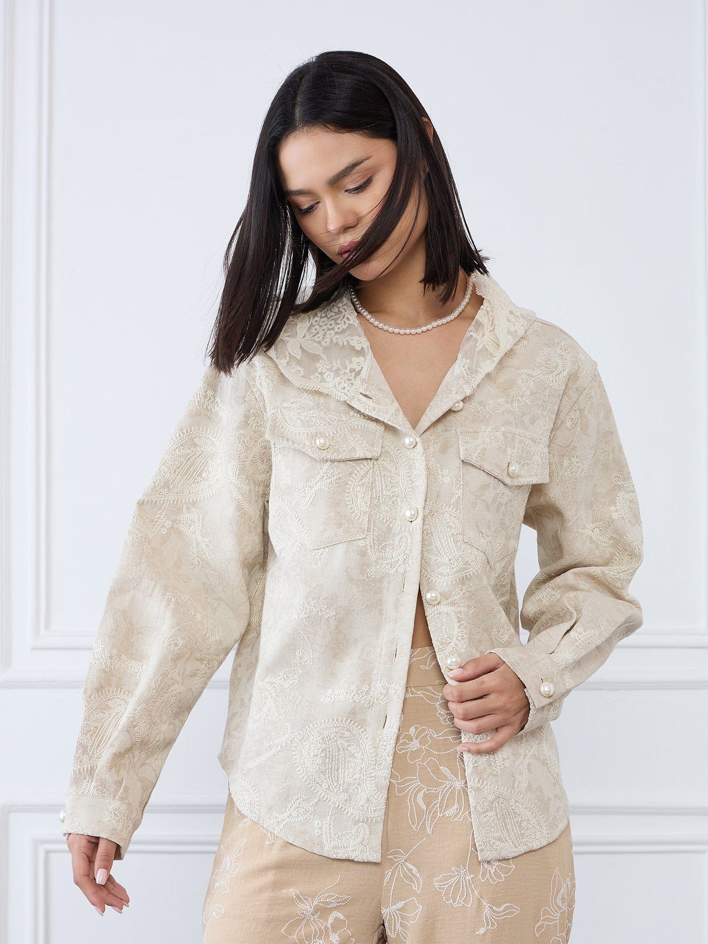 Iconic Women Beige Embroidered Hooded Jacket
