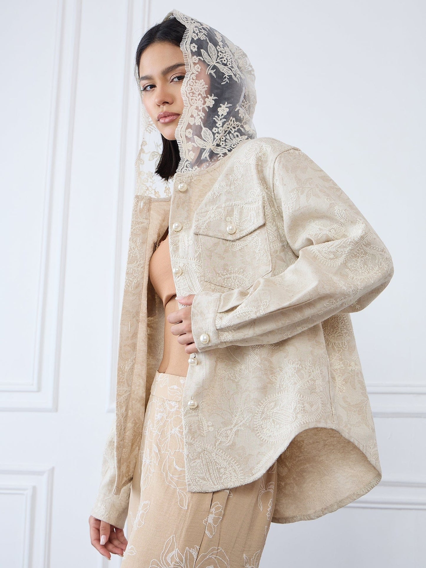Iconic Women Beige Embroidered Hooded Jacket