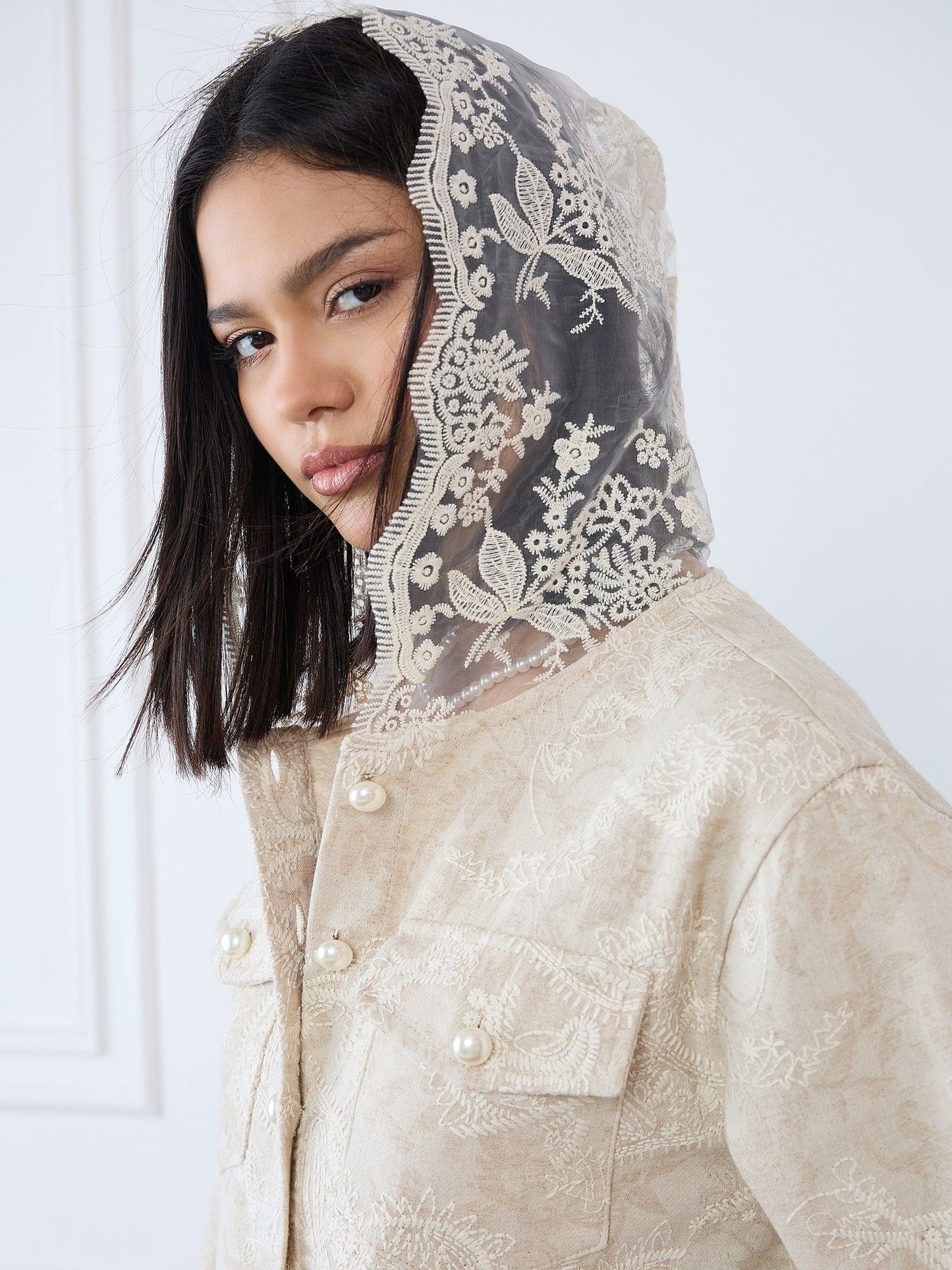 Iconic Women Beige Embroidered Hooded Jacket