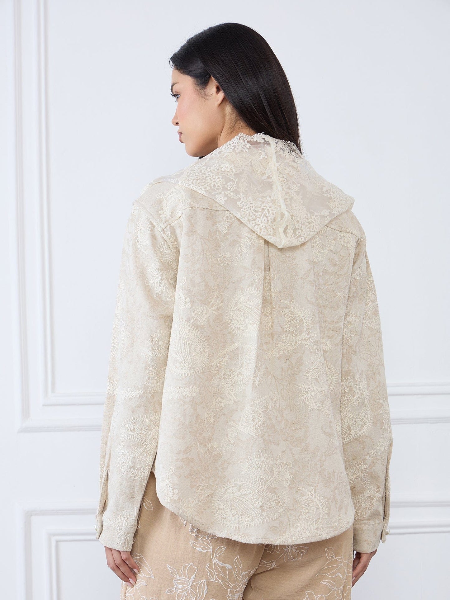 Iconic Women Beige Embroidered Hooded Jacket