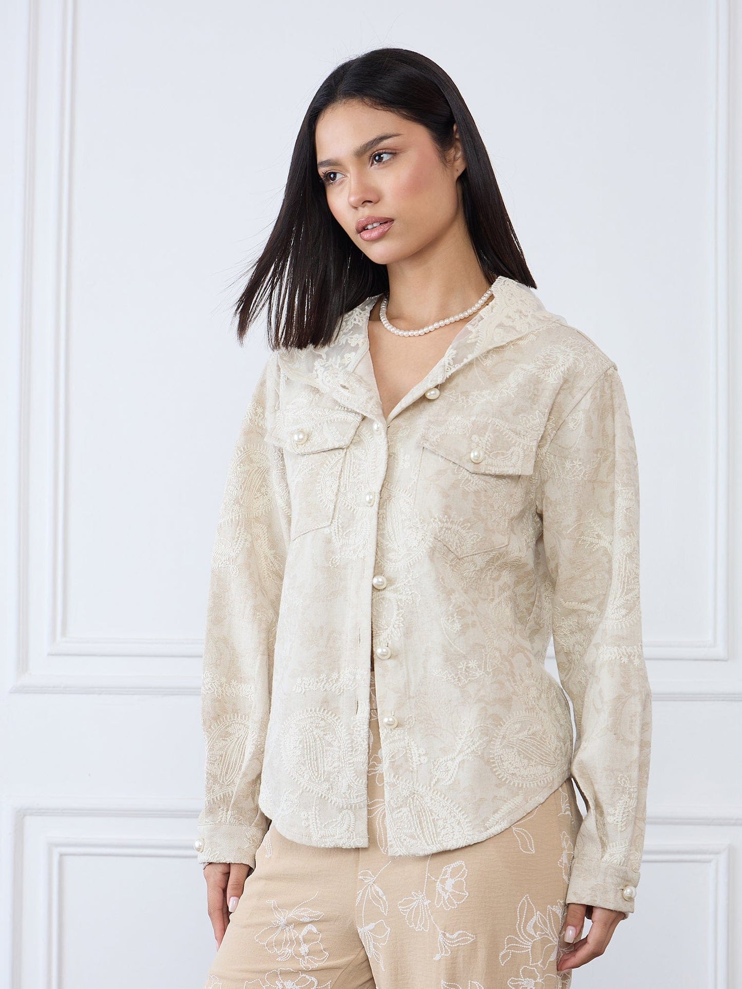 Iconic Women Beige Embroidered Hooded Jacket