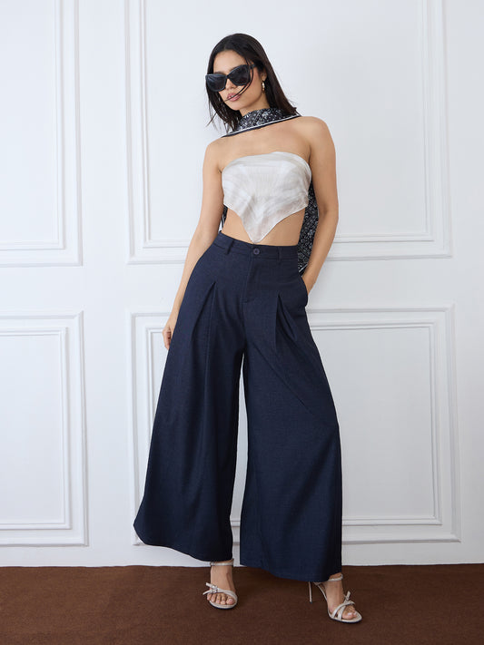 Iconic Women Blue Baggy Fit Solid Trouser