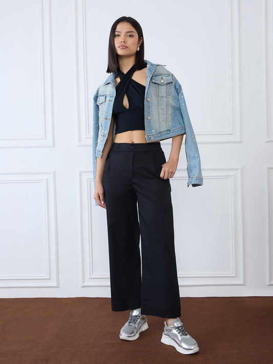 Iconic Women Black Straight Fit Solid Trouser