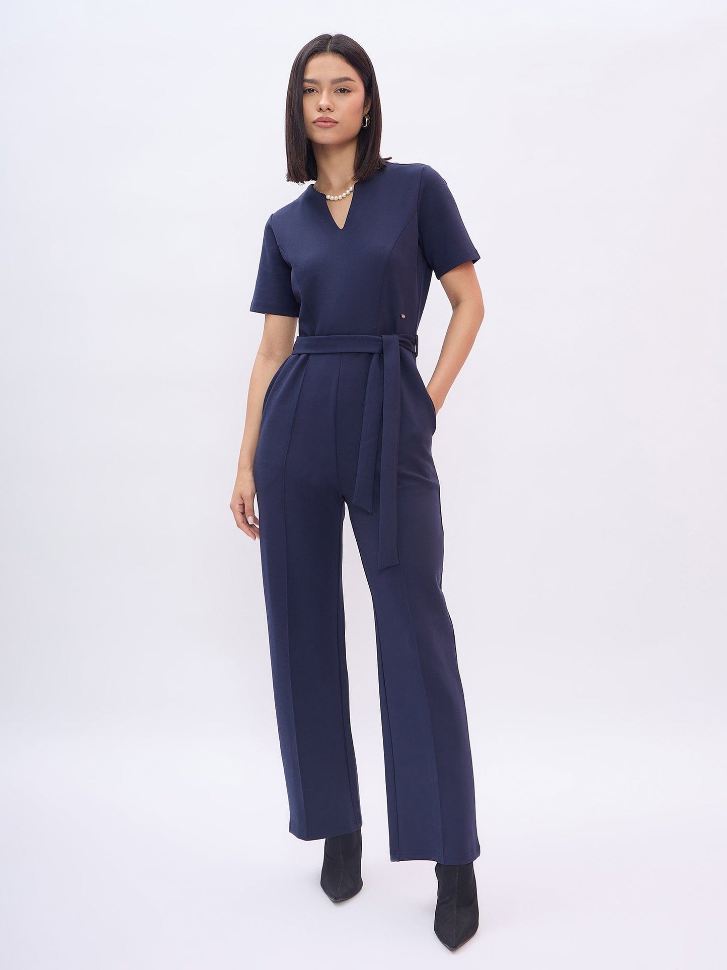 Elle Women Blue Solid Round Neck Jumpsuit