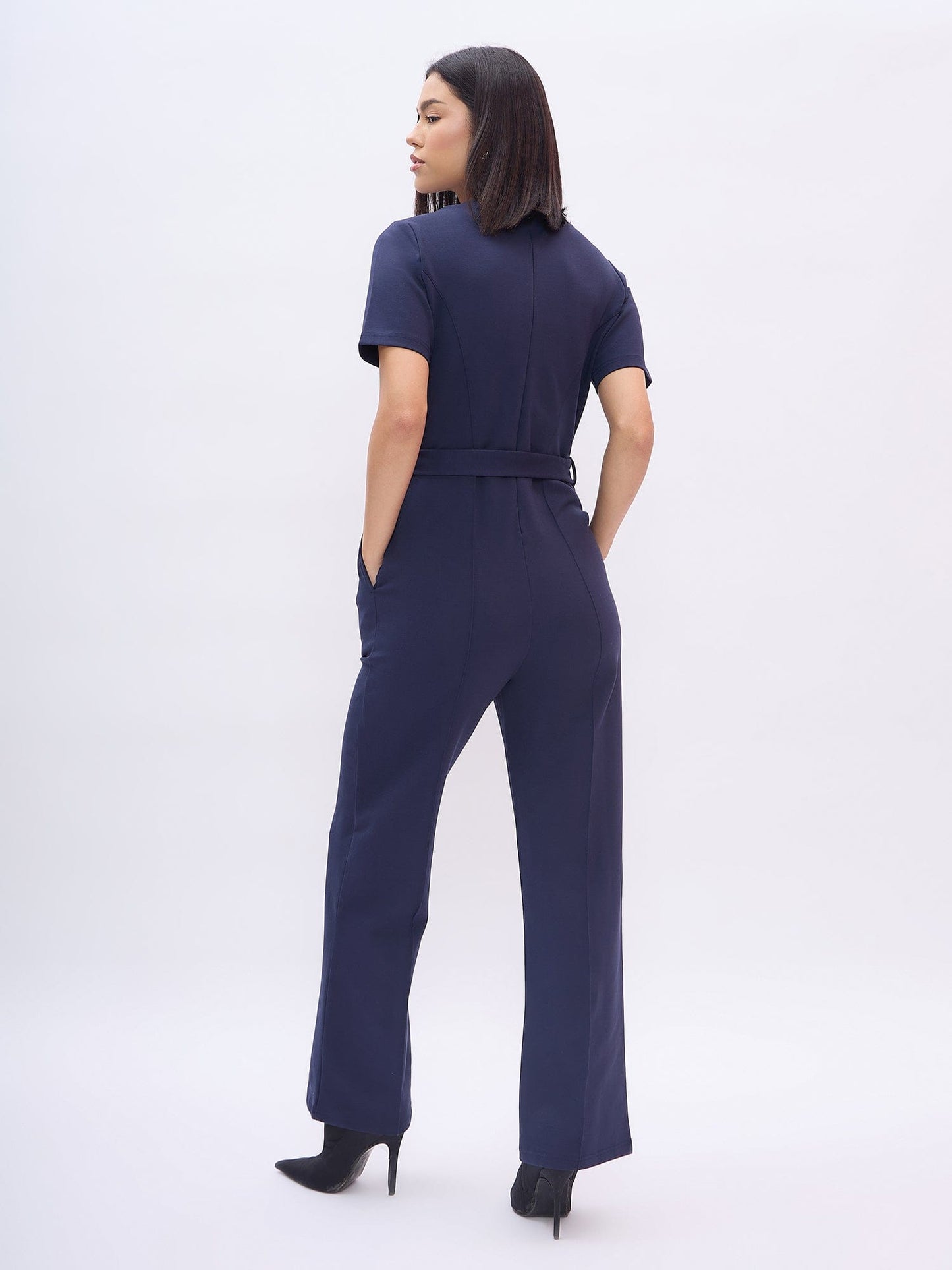 Elle Women Blue Solid Round Neck Jumpsuit