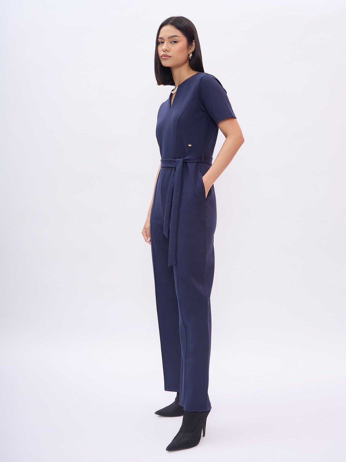 Elle Women Blue Solid Round Neck Jumpsuit