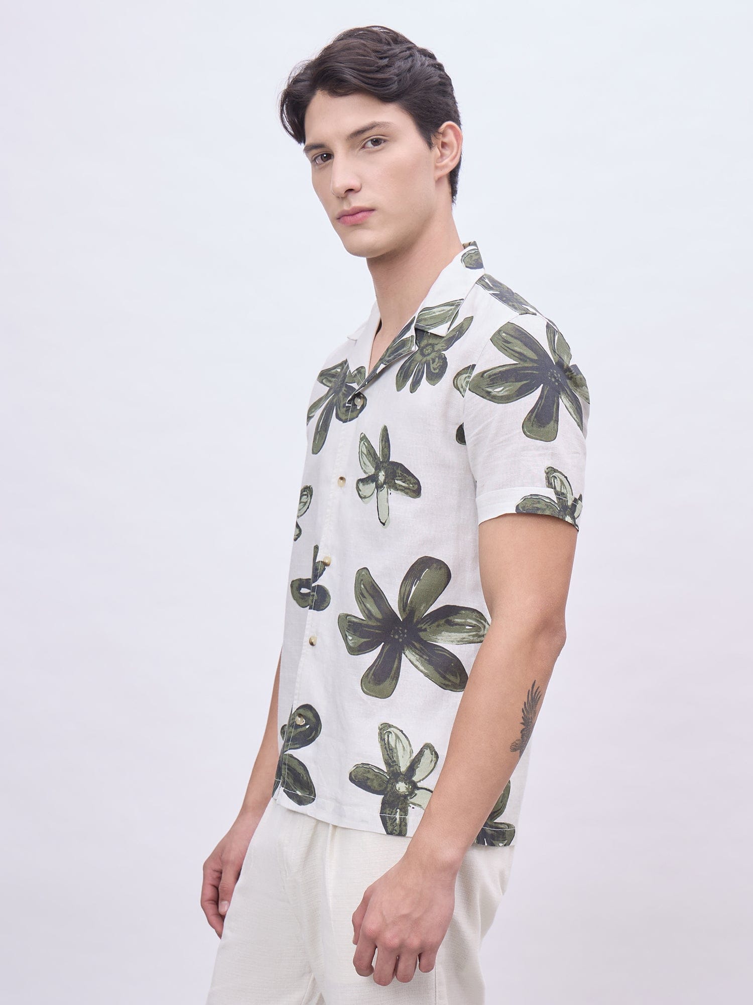 Iconic Men Beige Printed Resort Collar Shirt