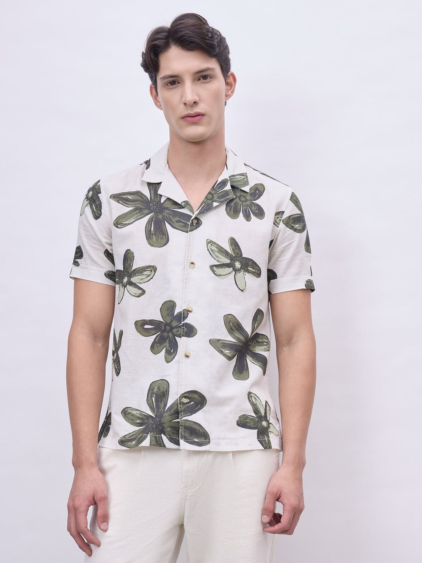 Iconic Men Beige Printed Resort Collar Shirt