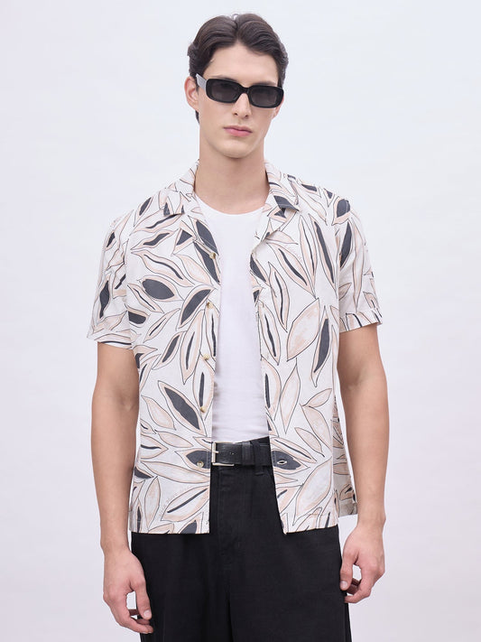 Iconic Men Beige Printed Resort Collar Shirt