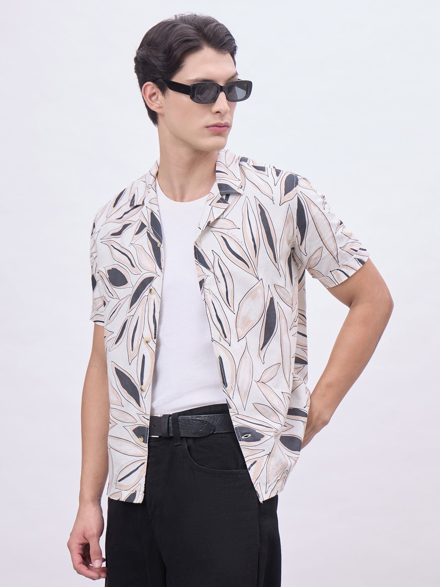 Iconic Men Beige Printed Resort Collar Shirt