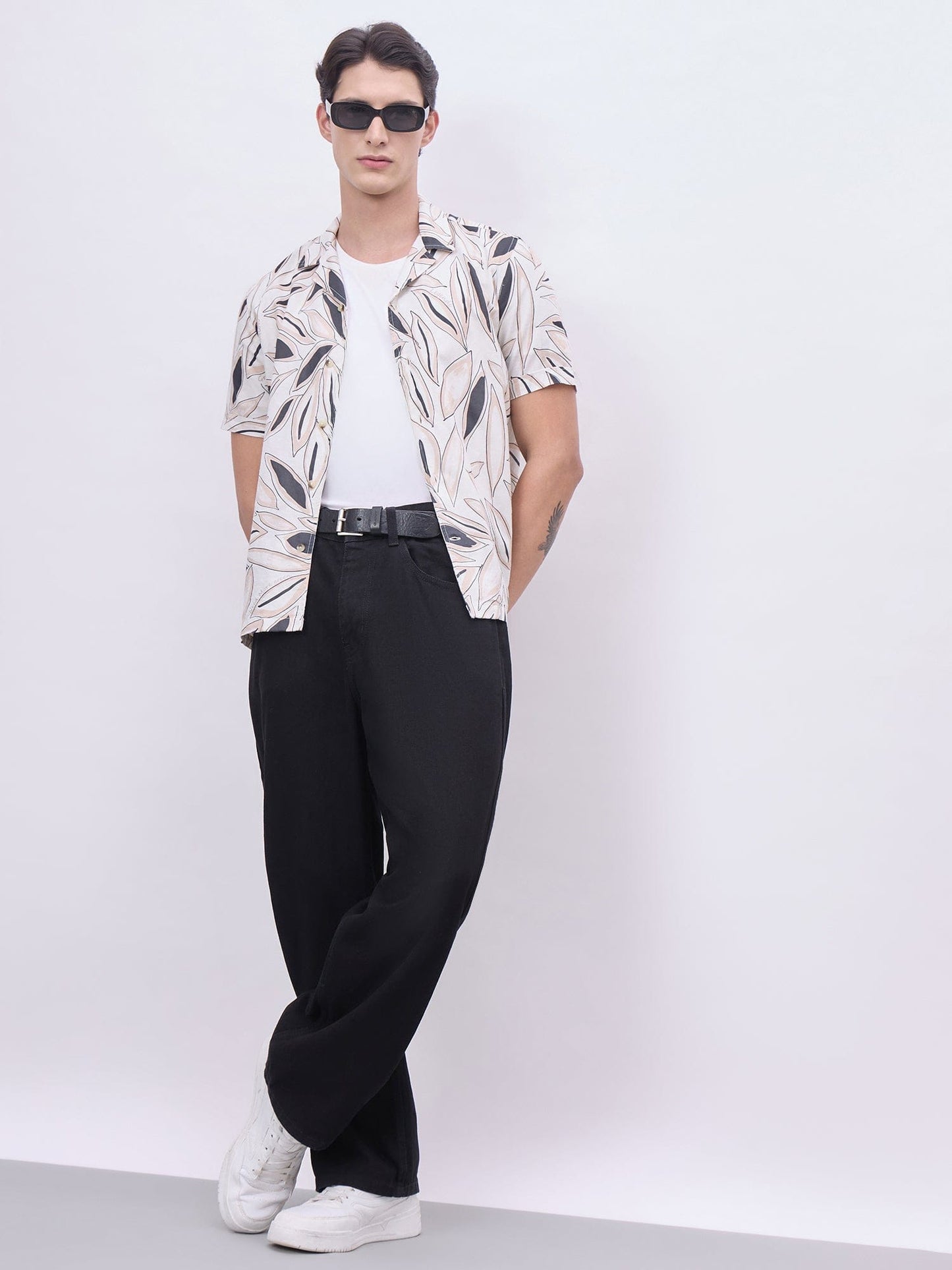 Iconic Men Beige Printed Resort Collar Shirt