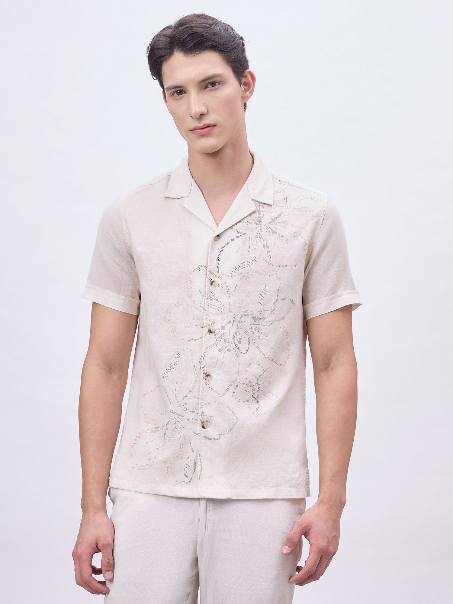Iconic Men Beige Solid Resort Collar Shirt