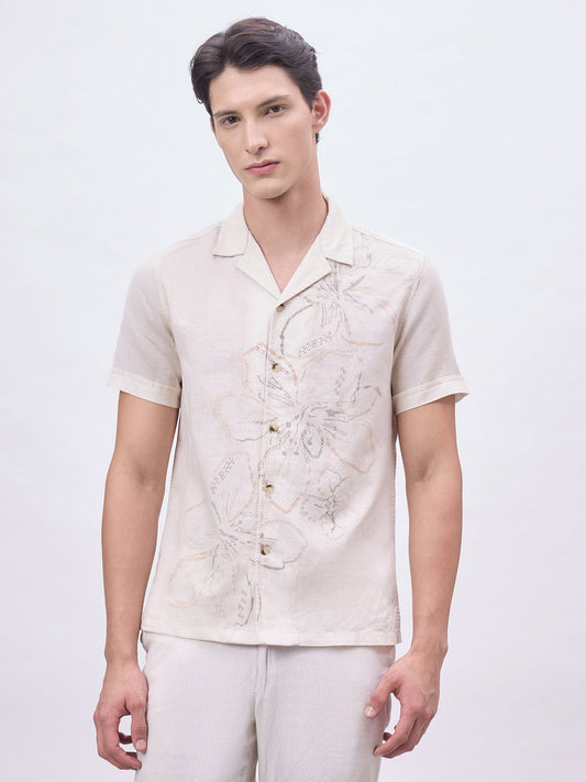 Iconic Men Beige Solid Resort Collar Shirt