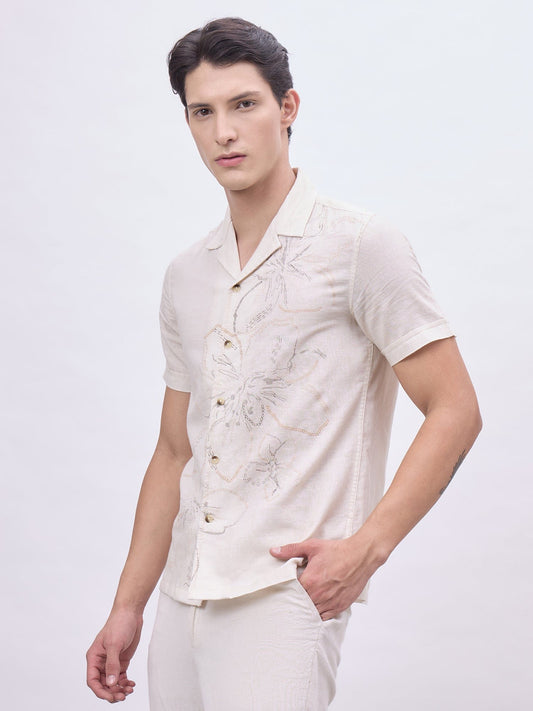 Iconic Men Beige Solid Resort Collar Shirt