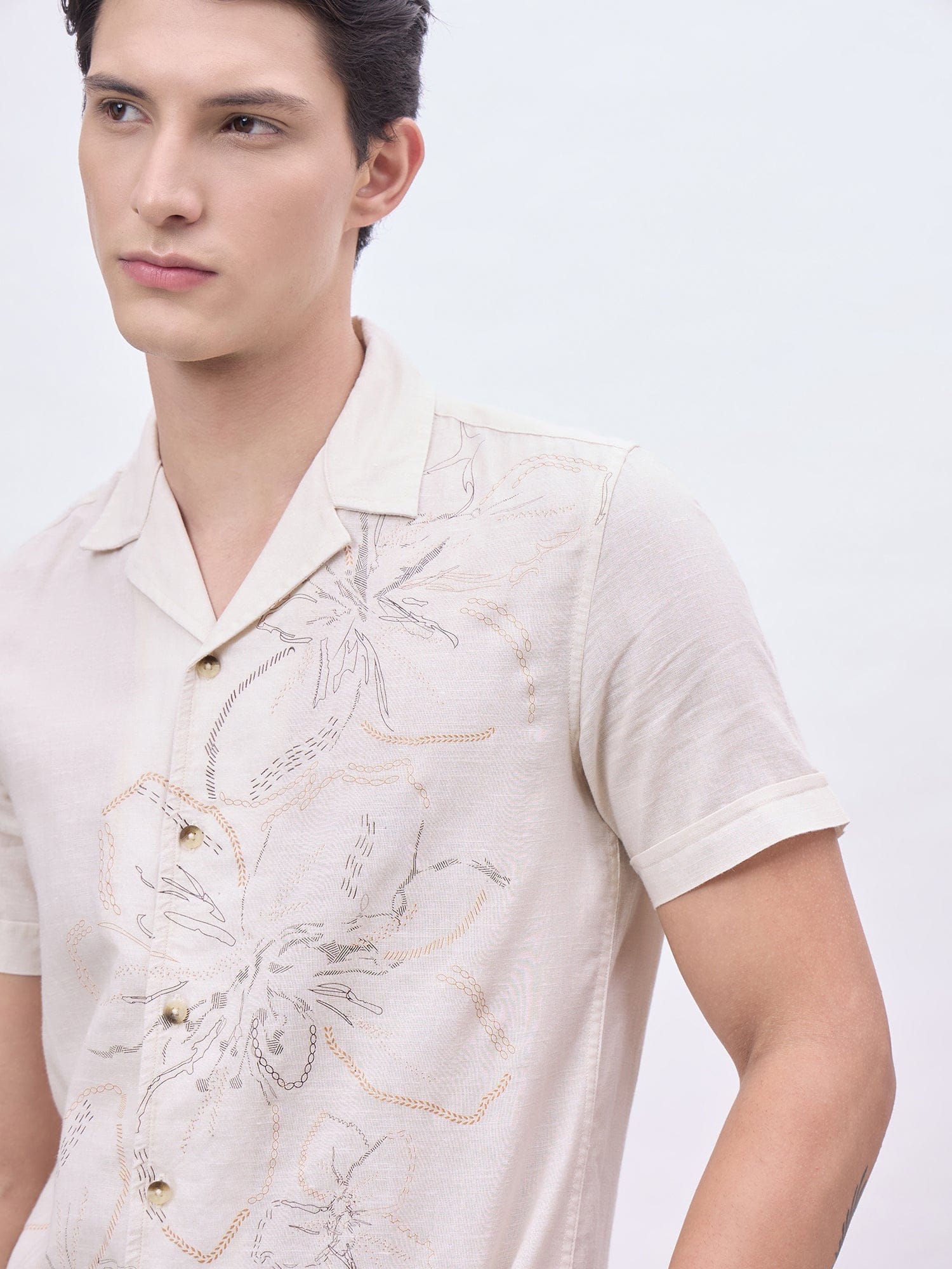 Iconic Men Beige Solid Resort Collar Shirt