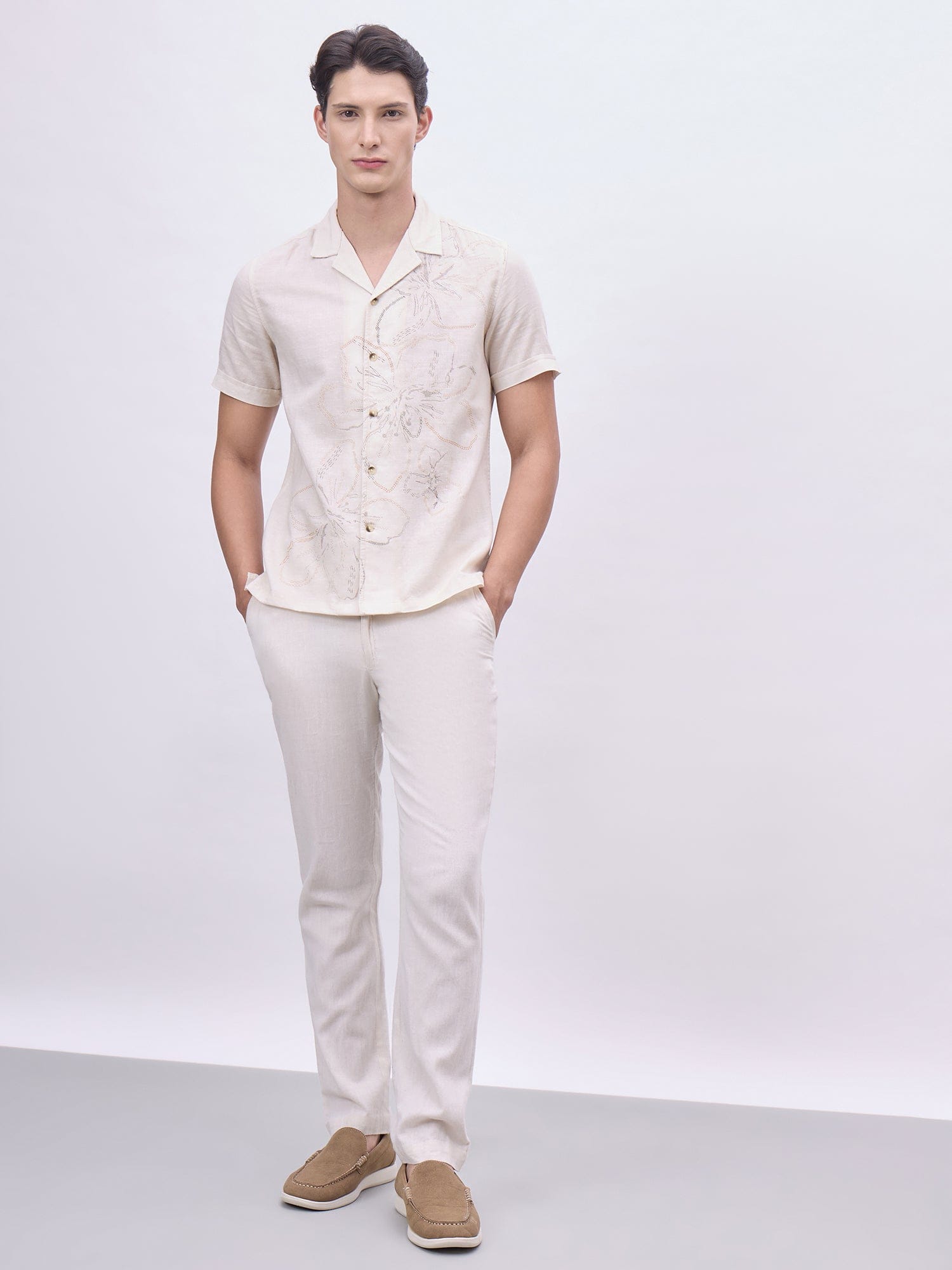 Iconic Men Beige Solid Resort Collar Shirt