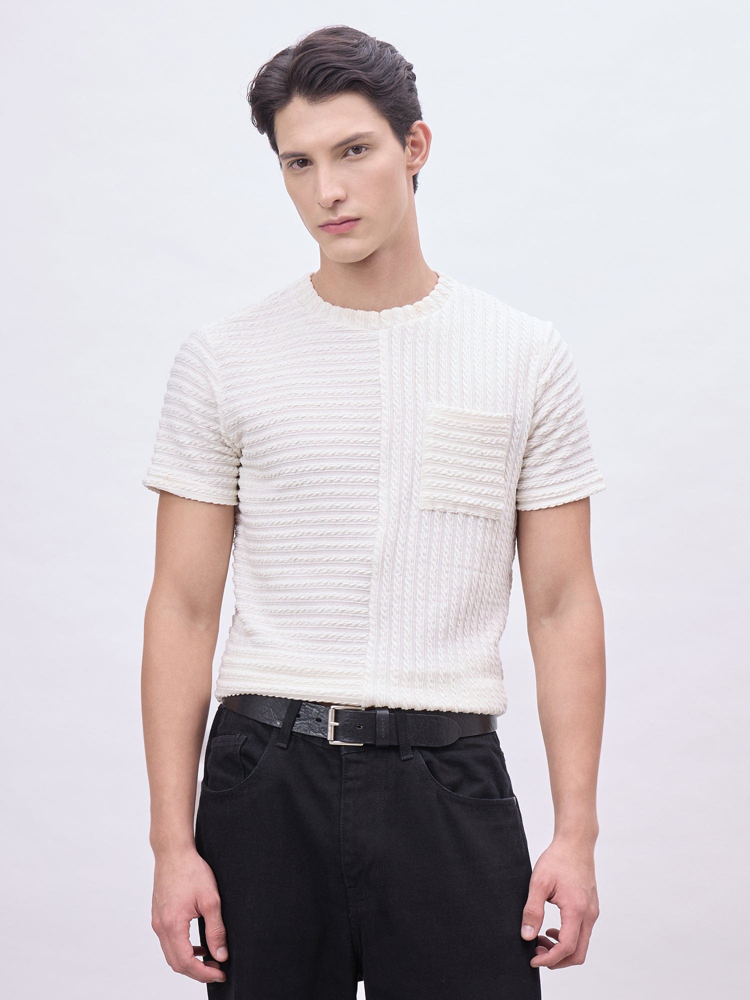 Iconic Men Cream Textured Crew Neck Tshirt