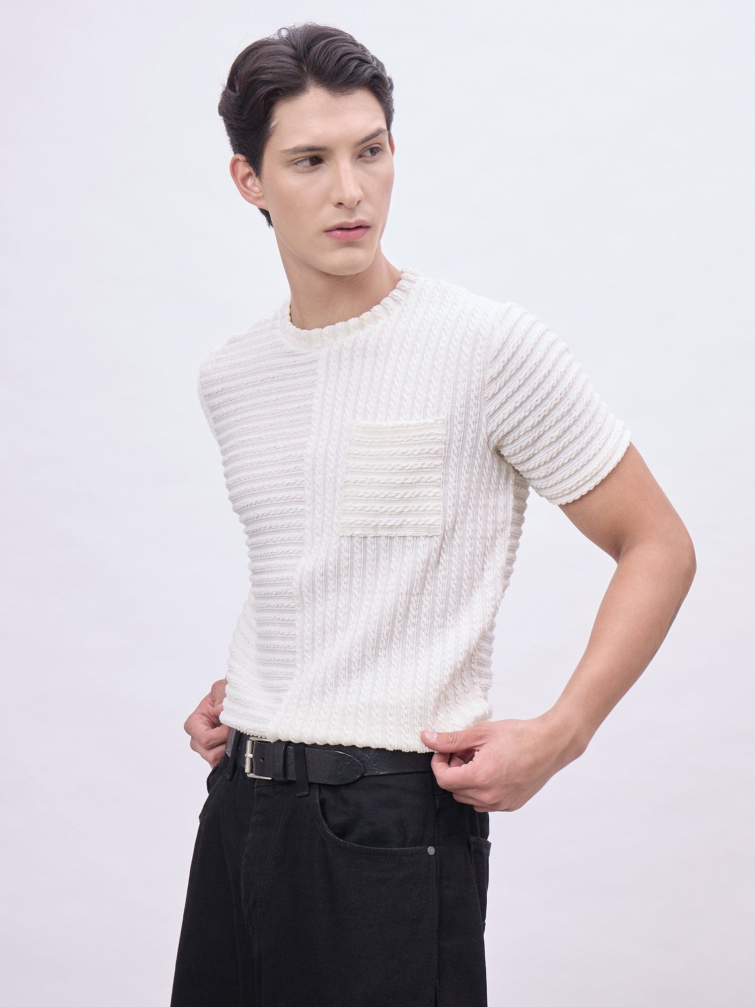 Iconic Men Cream Textured Crew Neck Tshirt