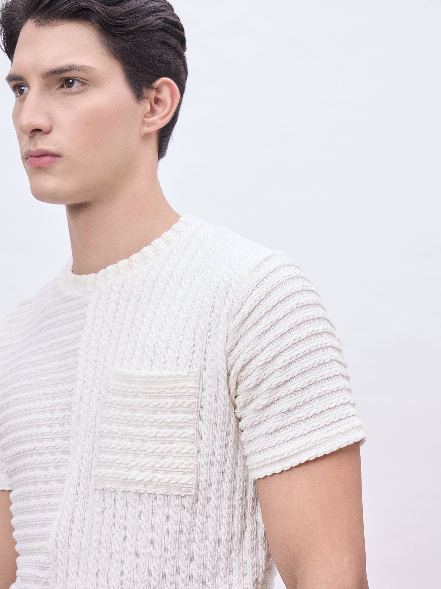 Iconic Men Cream Textured Crew Neck Tshirt