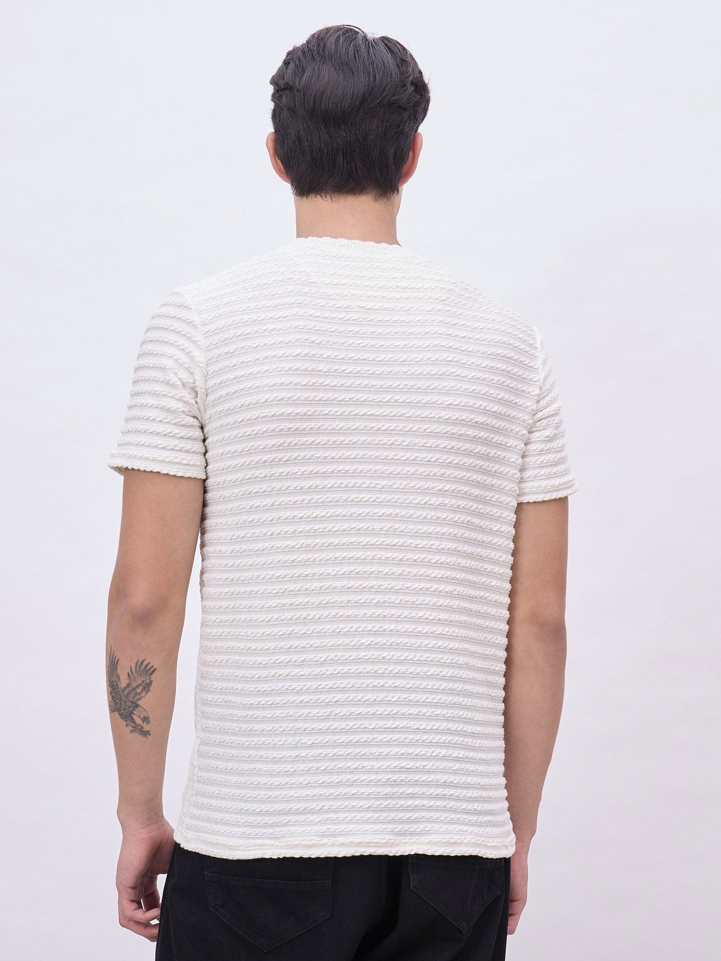 Iconic Men Cream Textured Crew Neck Tshirt
