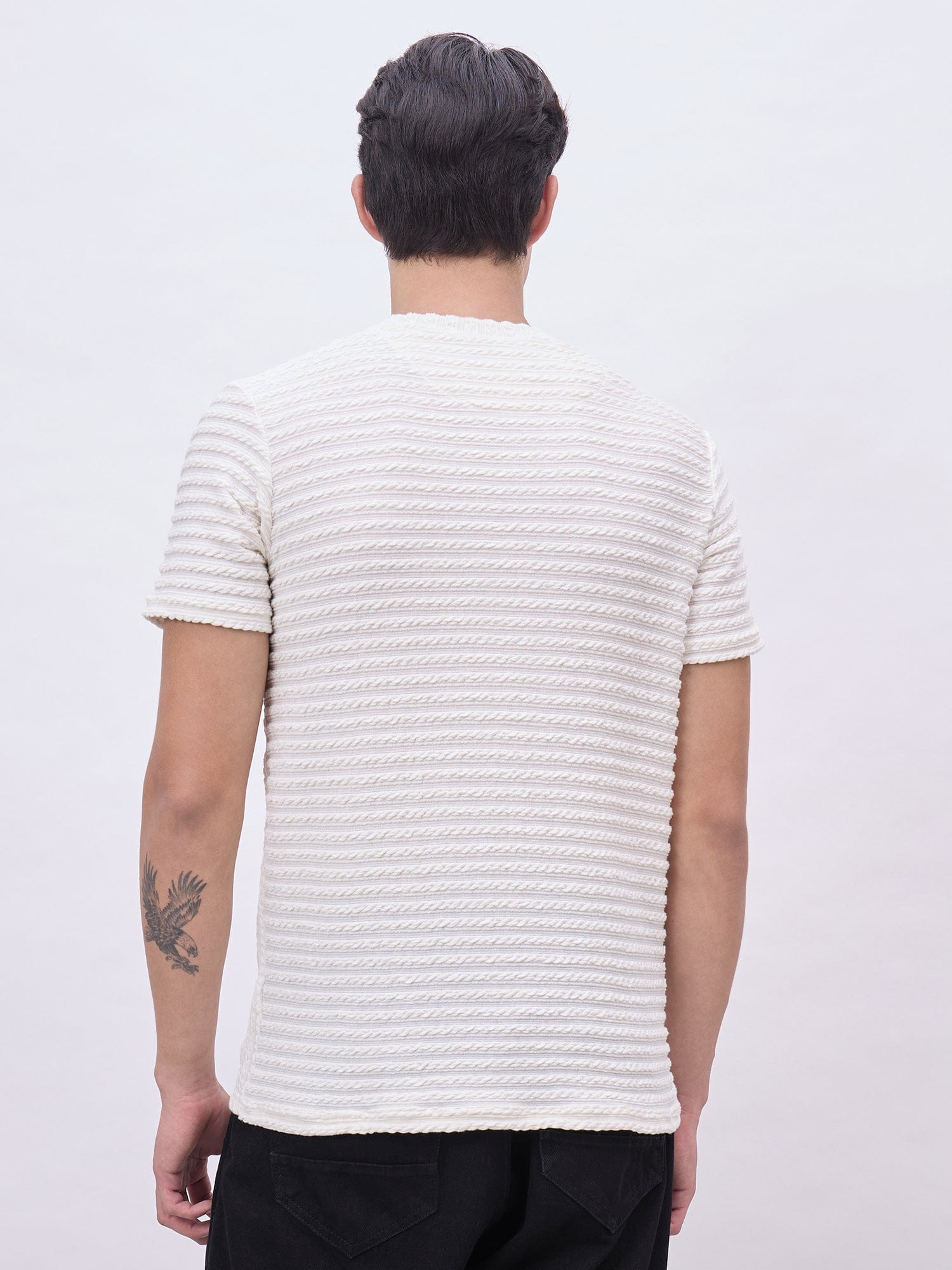 Iconic Men Cream Textured Crew Neck Tshirt