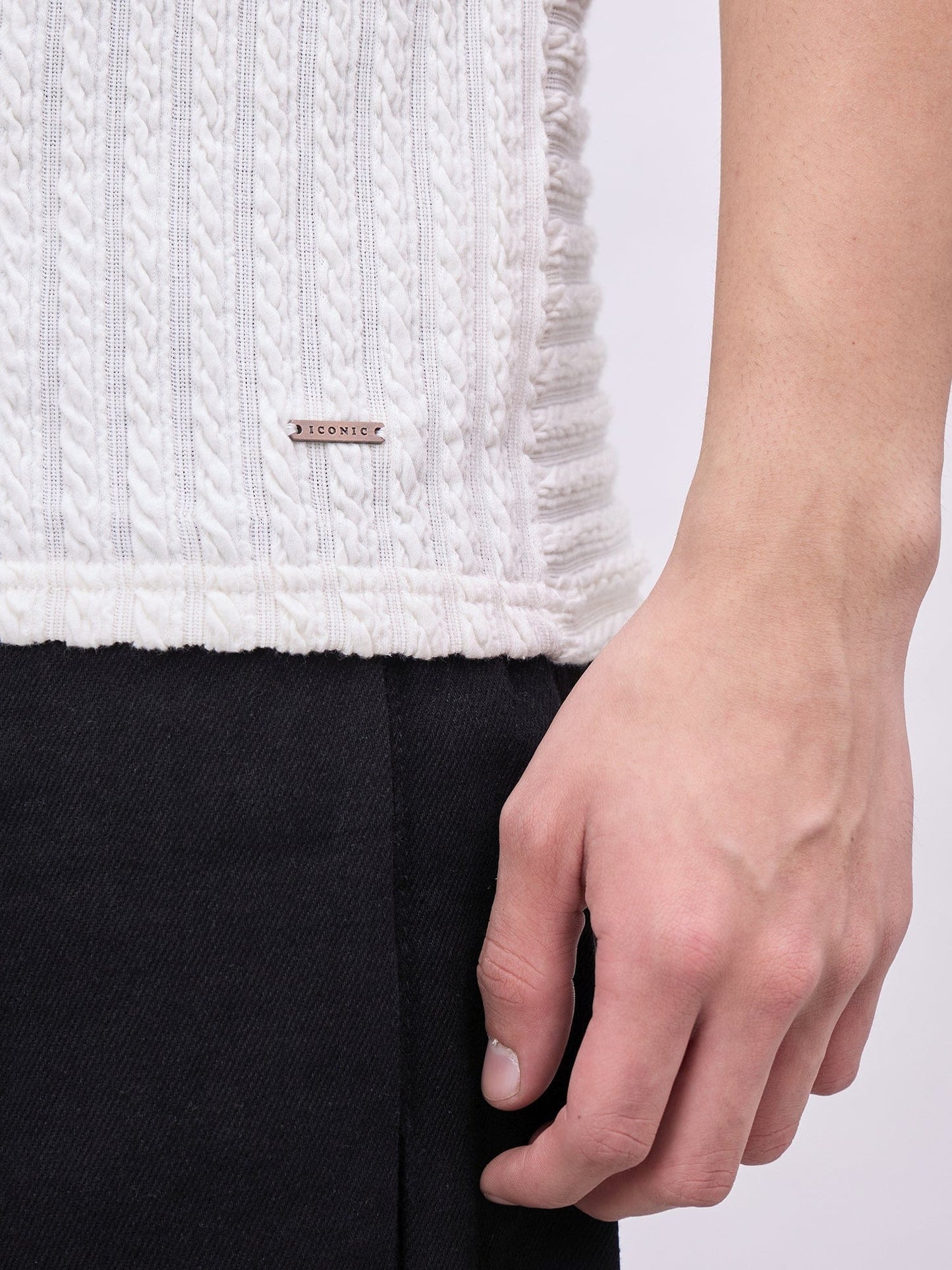 Iconic Men Cream Textured Crew Neck Tshirt