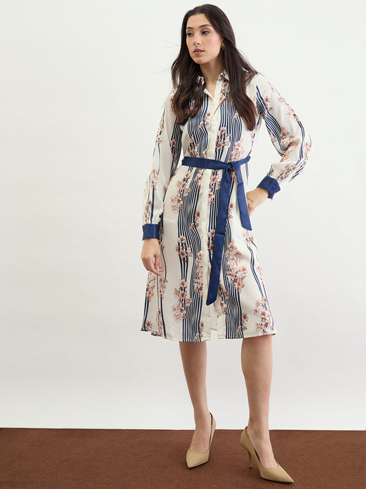 Iconic Women Cream Printed Collar Dress