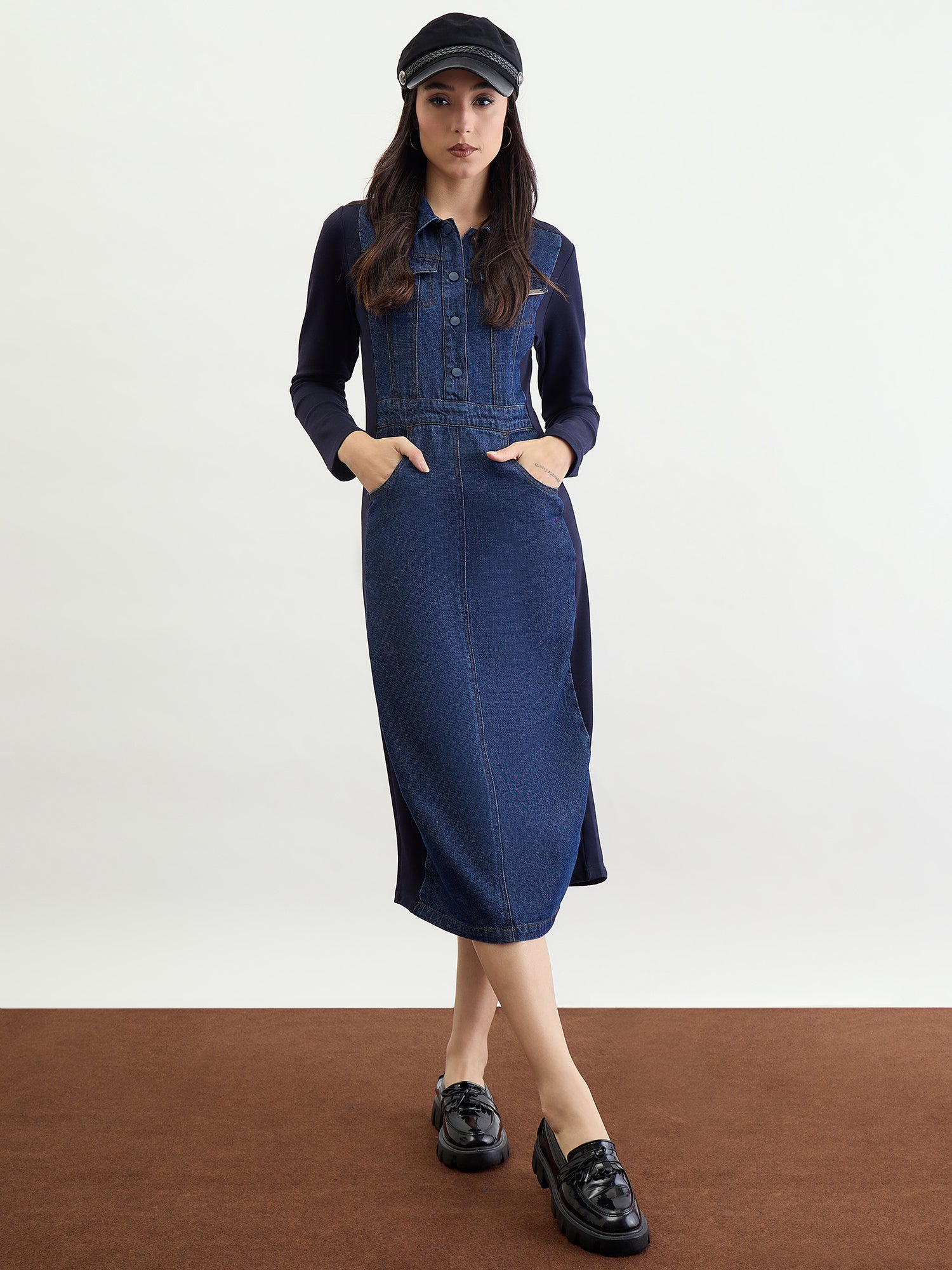 Iconic Women Blue Solid Collar Dress