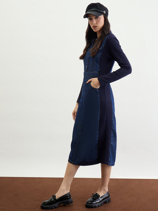 Iconic Women Blue Solid Collar Dress