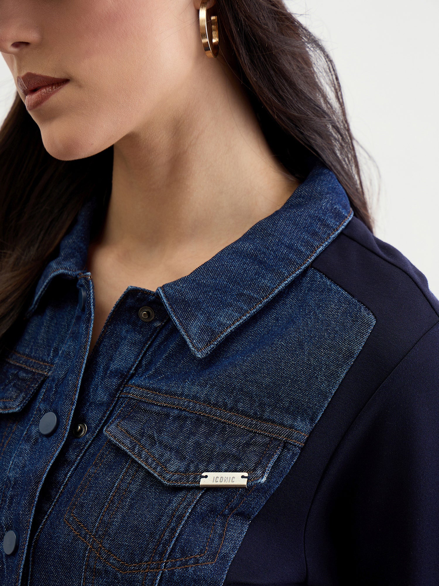 Iconic Women Blue Solid Collar Dress