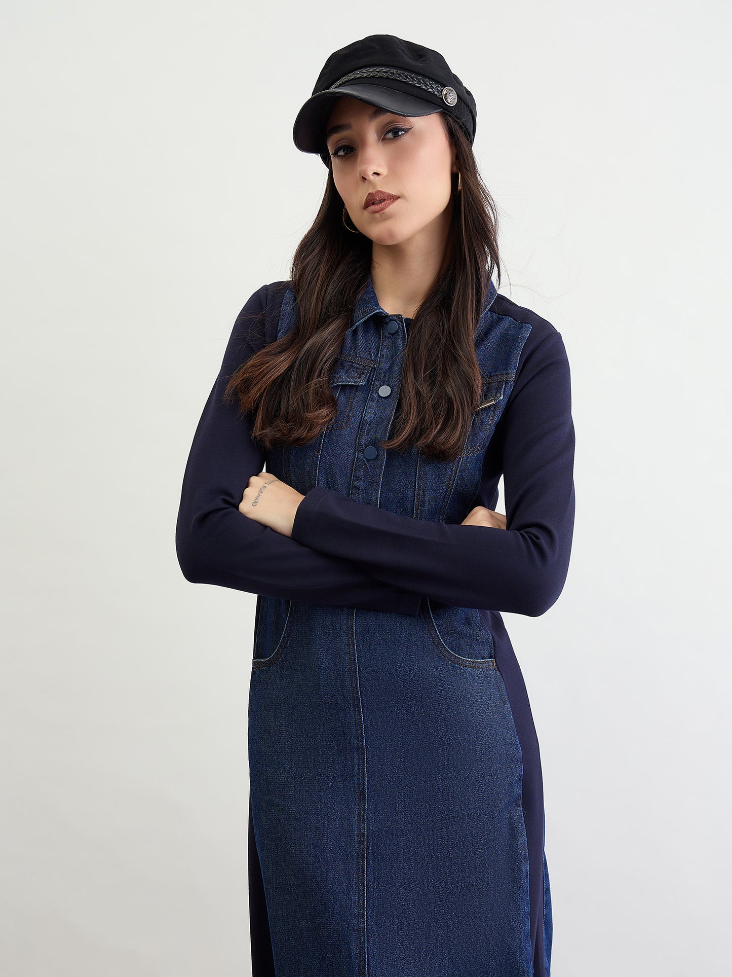 Iconic Women Blue Solid Collar Dress
