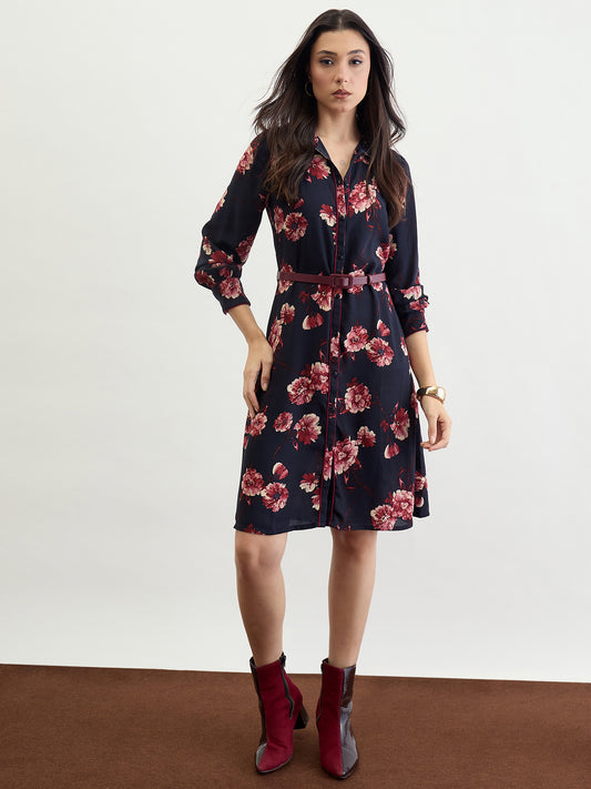 Iconic Women Blue Printed Collar Dress