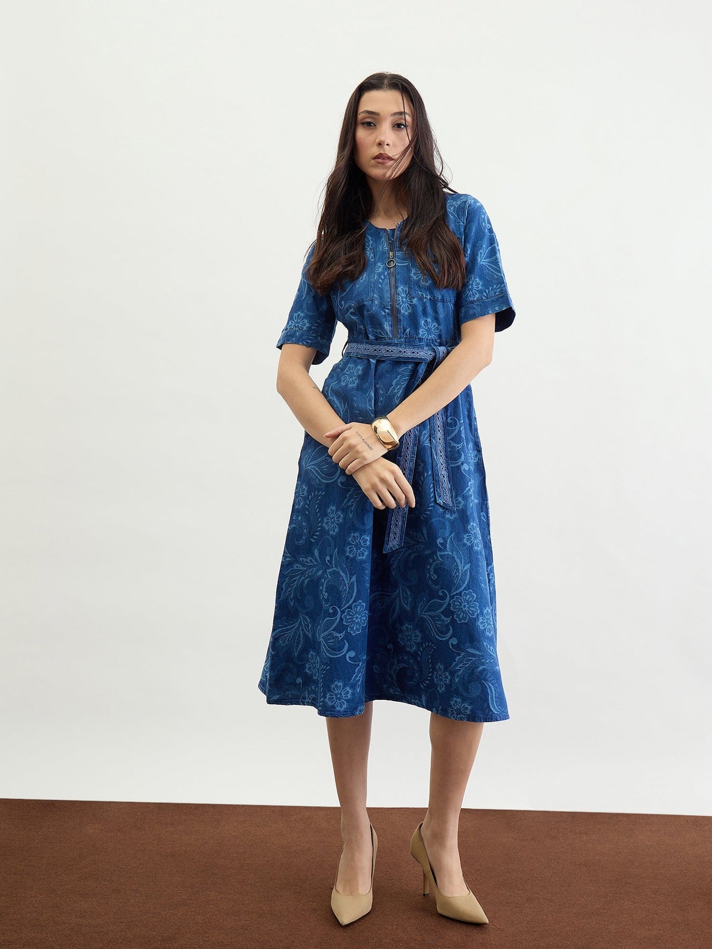 Iconic Women Blue Jacquard Collar Dress