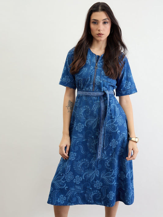 Iconic Women Blue Jacquard Collar Dress