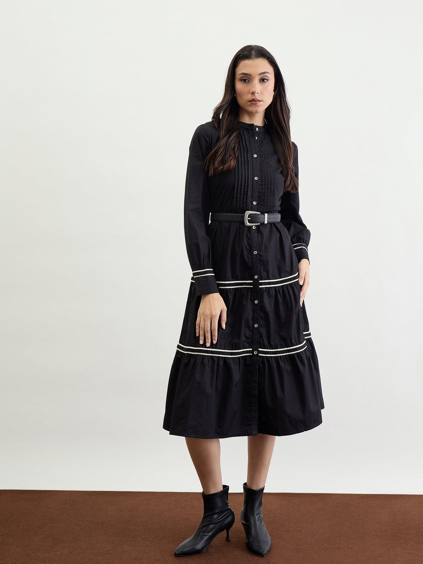 Iconic Women Black Solid Band Collar Dress