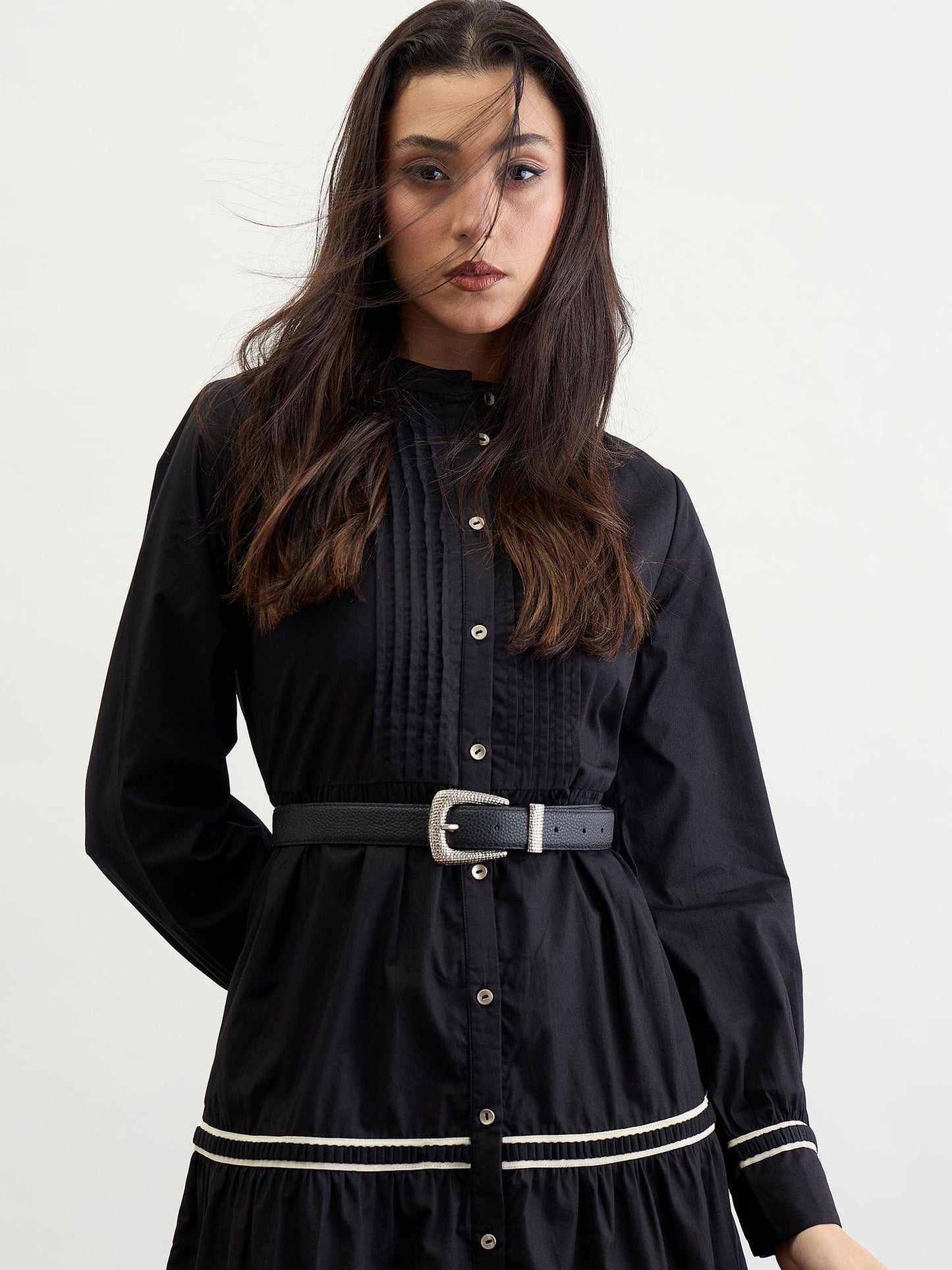Iconic Women Black Solid Band Collar Dress