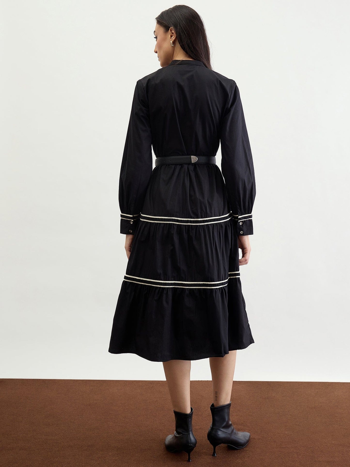 Iconic Women Black Solid Band Collar Dress